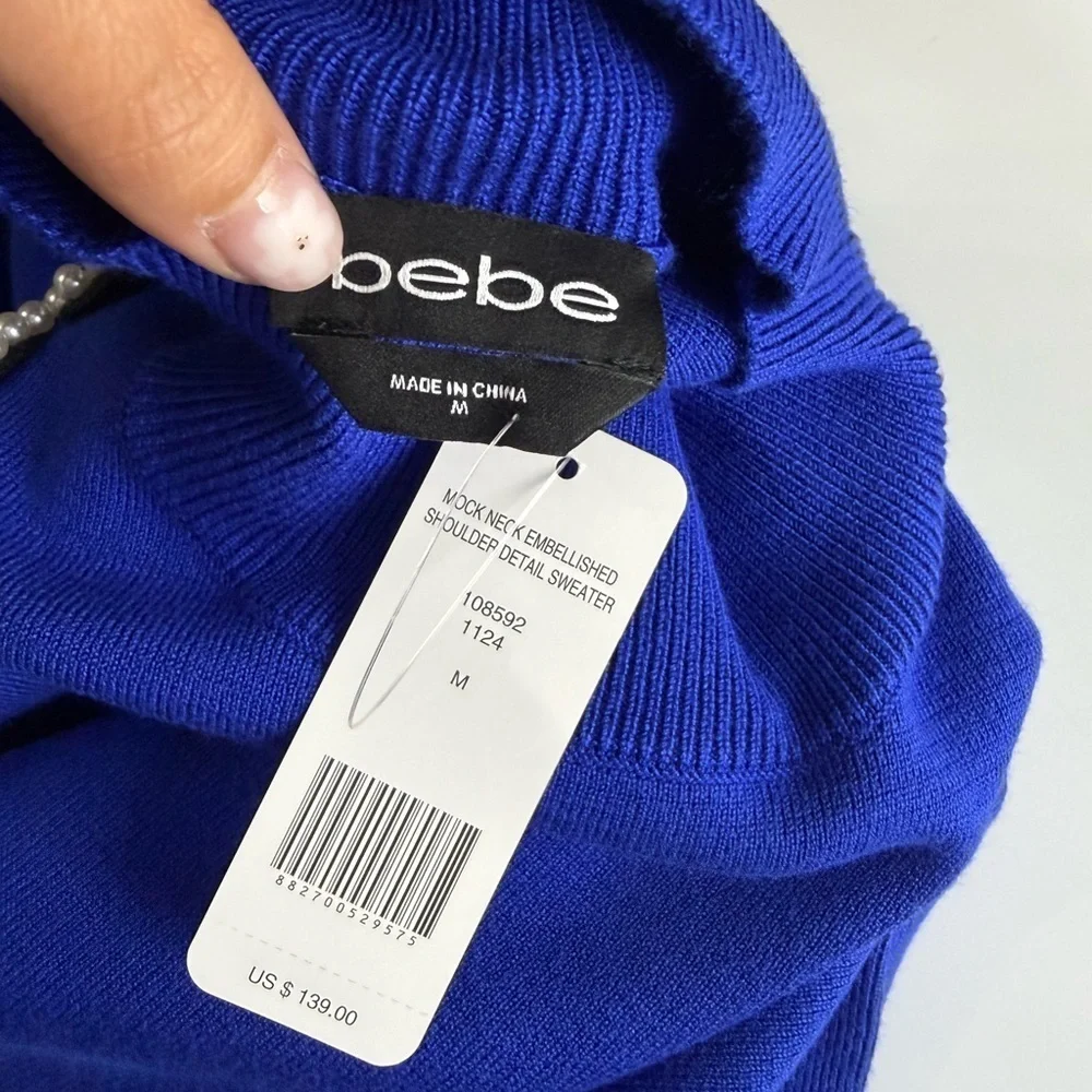 NWT Bebe Embellished Mock Neck Tunic Sweater in Galactic Cobalt Sz M
